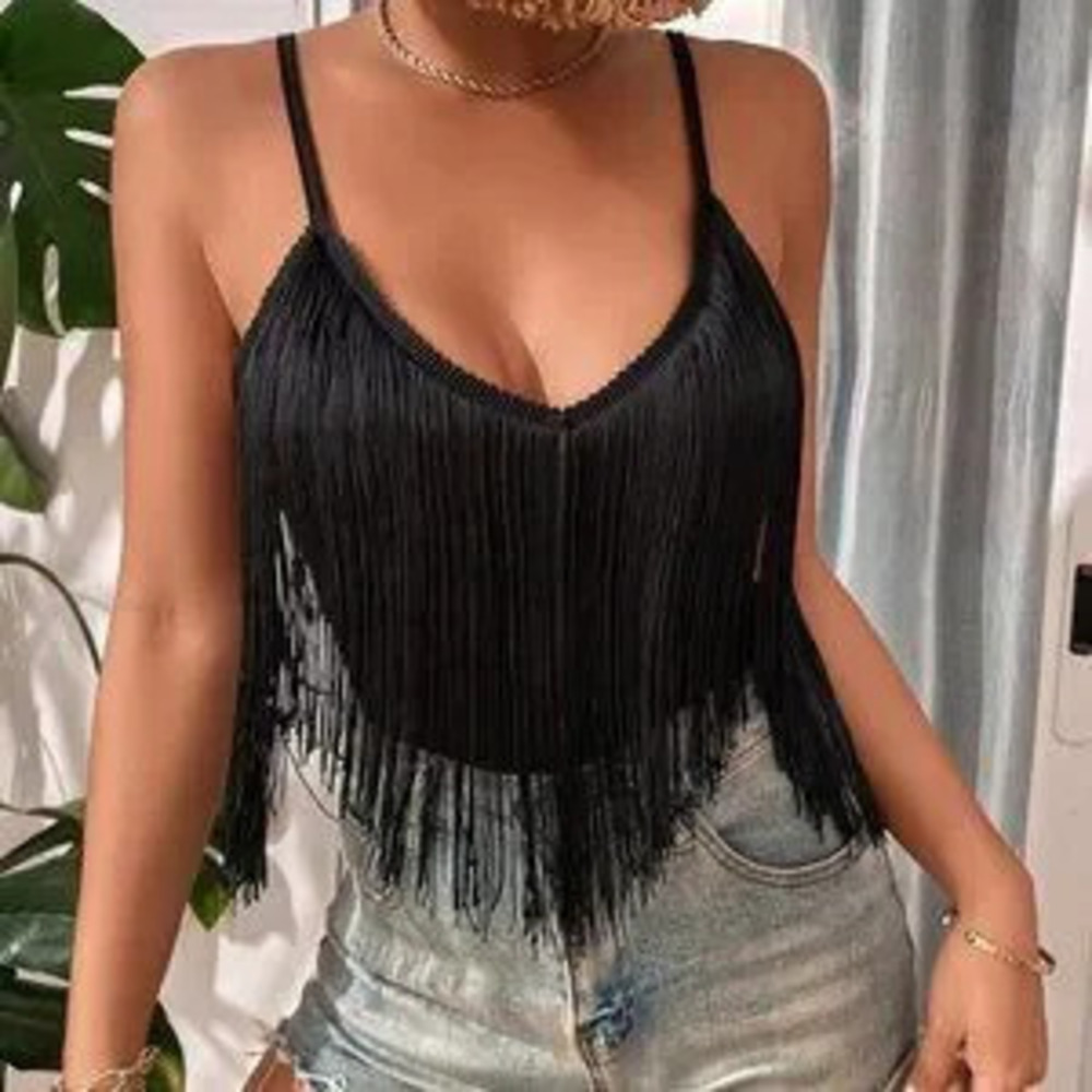 Black Boho Womens Solid Fringe Trim Cami Top